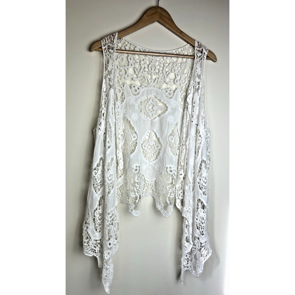 Whimsigoth Fairycore Boho Crochet Cardigan Vest White size M/L